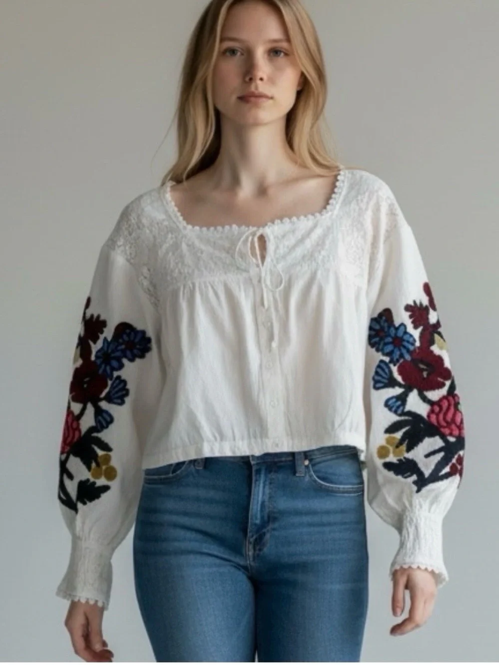 Free People Meadows XS Embroidered Flowy Peasant Cropped Boho Festival Top